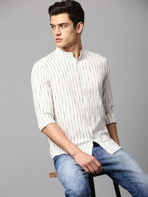 Dennis Lingo Men Striped Casual Cream Shirt
