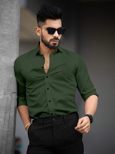 UV FASHION Men Solid Casual Dark Green Shirt - Main Image
