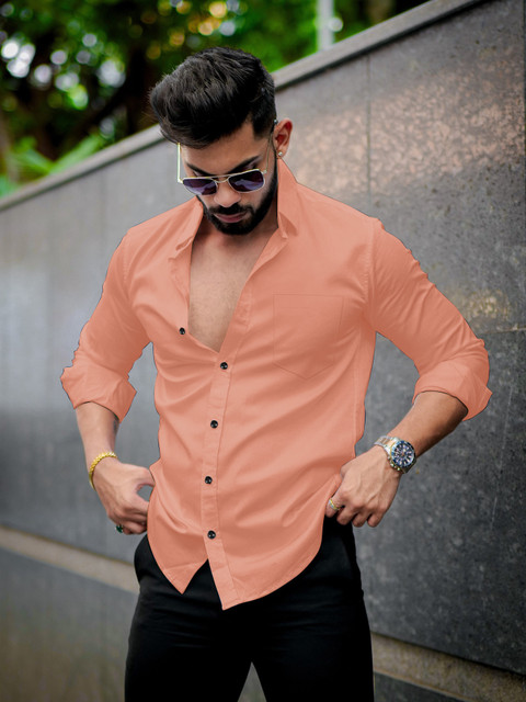 YAKSH Men Solid Casual Orange Shirt