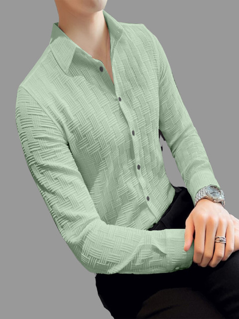 Khanjan Fashion Men Self Design, Checkered Festive Light Green Shirt