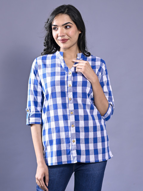 FABISHO Women Checkered Casual Blue, White Shirt