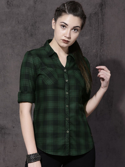 Roadster Women Checkered Casual Green Shirt