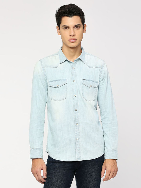 Pepe Jeans Men Solid Casual Light Blue Shirt