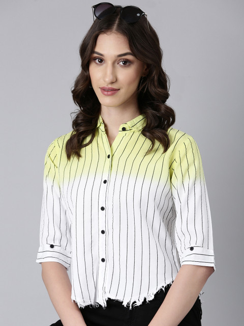 SHOWOFFFF Women Striped Casual Yellow, White Shirt