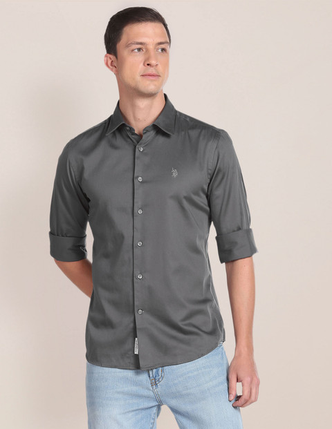 POLO Men Solid Casual Grey Shirt