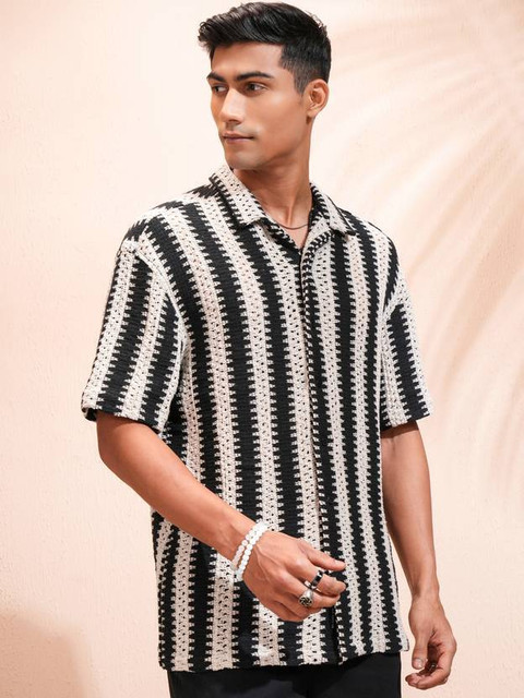 メンズウェア CLASSIC STRIPE BB SHIRT CREAM BLACK lahaba Men Striped Casual Black, Cream Shirt - Buy lahaba Men