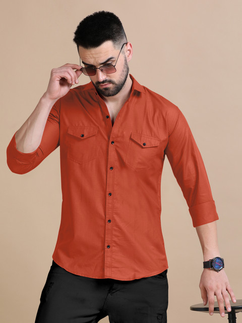BroMiyO Men Solid Casual Orange Shirt Buy BroMiyO Men Solid