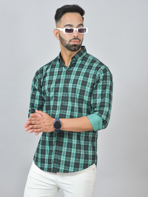 S-LINE Men Checkered Casual Green Shirt
