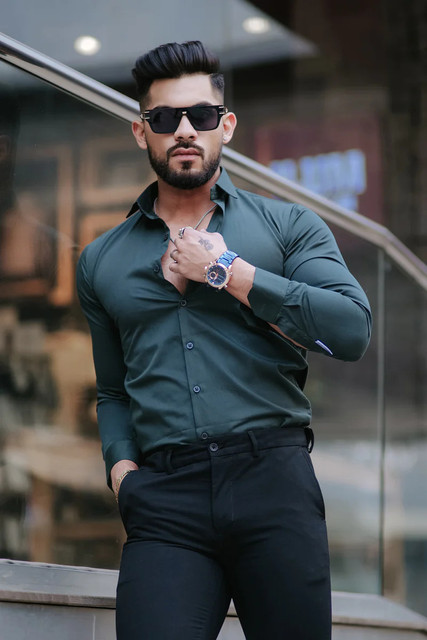 green dress shirt black pants ASOS DESIGN relaxed deep camp collar shirt in dark green