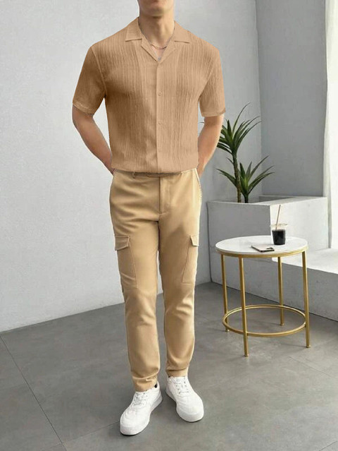 HITAFASHION HUBZZ Men Self Design Casual Beige Shirt - Buy