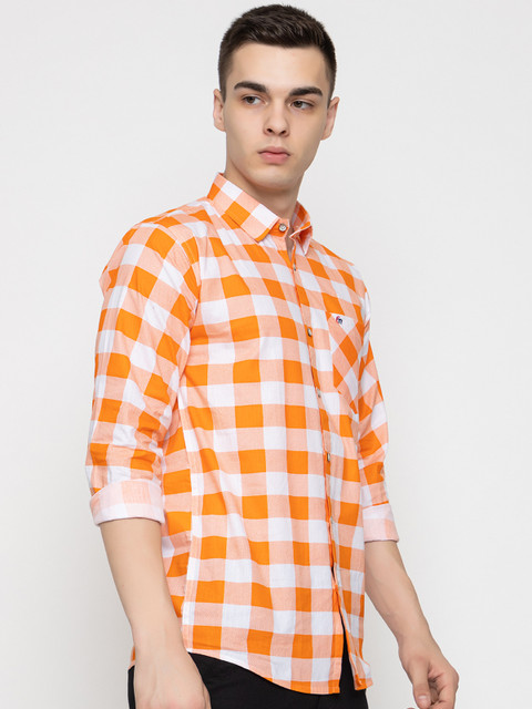 Etnic Trendz Men Checkered Casual Orange Shirt - Buy Etnic Trendz