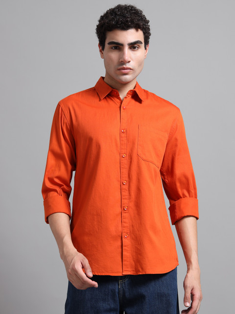 Proword Men Solid Casual Orange Shirt
