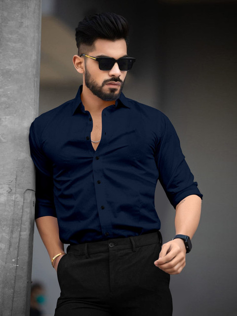 UV FASHION Men Solid Casual Dark Blue Shirt
