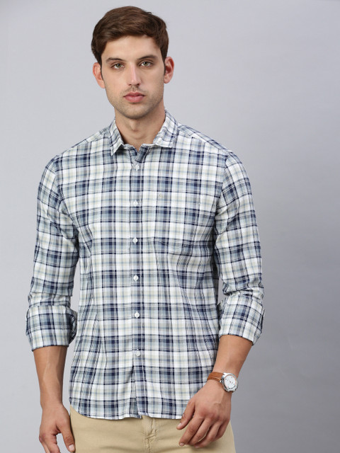 Classic Polo Men Checkered Casual White, Blue Shirt