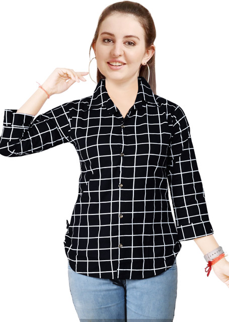pampa fashion Girls Checkered Casual Black Shirt