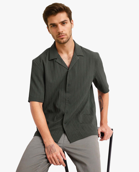 RARE RABBIT Men Striped Casual Dark Green Shirt Buy RARE RABBIT