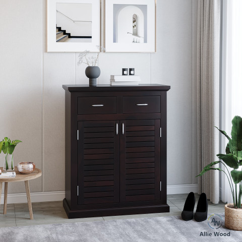 Cherry Wood Solid Sheesham Wood Shoe Rack with Drawer (Dark Walnut