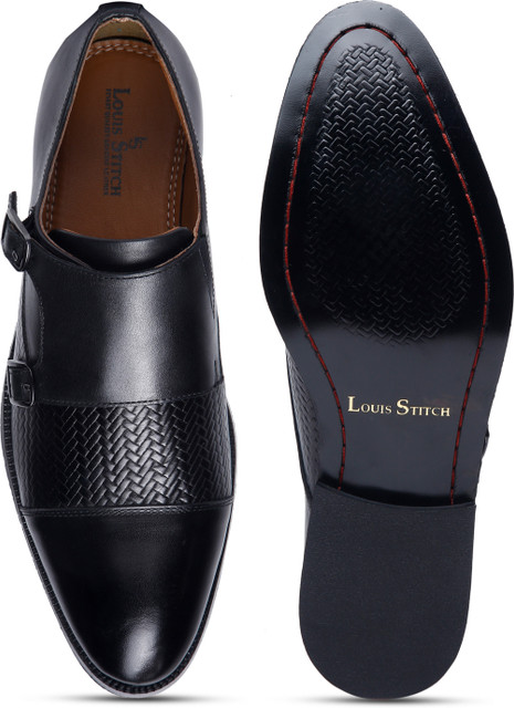 LOUIS STITCH Black Italian Leather Double Monk Strap Formal Slip On Shoes  for Men (EUWEDMJB) Monk Strap For Men