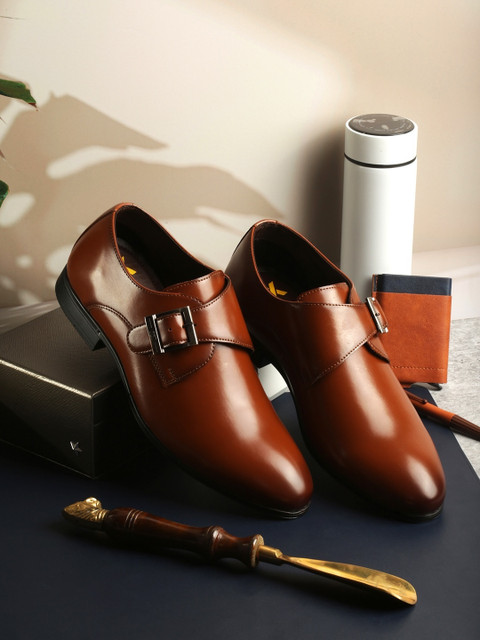 iD Men's Vegan Leather Tan Round Toe Formal Shoes Monk Strap For Men