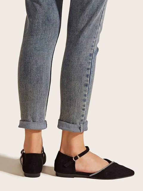 SHOETOPIA Rhinestone Decor Pointed Toe Ankle Strap Black Ballet