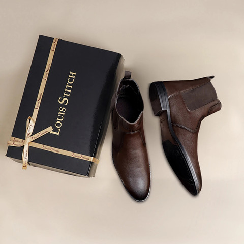LOUIS STITCH Mens Brunette Brown Handmade Chelsea Boots with Dual