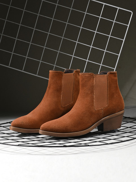 SAN FRISSCO Men Tan Leather Suede Chelsea High Heels Boots Boots For Women