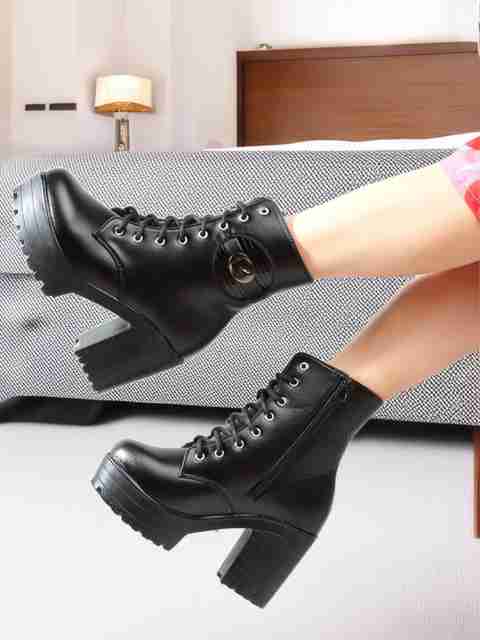 KILLER Women's Round Toe Boots Buckle Lace Up Chunky Block Heel