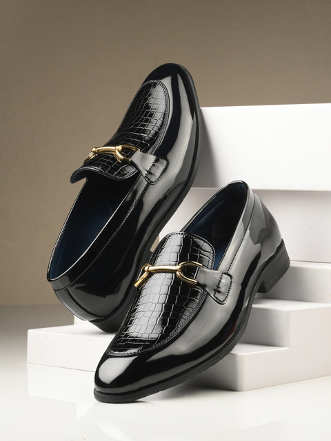 House of Pataudi Men Black Patent Shine Glossy Textured Formal Slip On  Loafer Shoes Slip On For Men