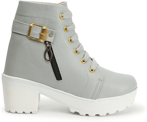 Yuggi Women's Grey Lace-Up Boots with Zip & Buckle Detail and