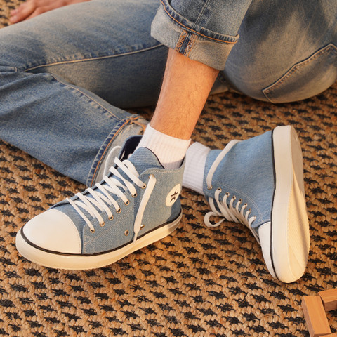 FAUSTO Mid Top Star Toe Cap Upper Denim 8-Eye Lace Up Canvas Shoes Sneakers  For Men