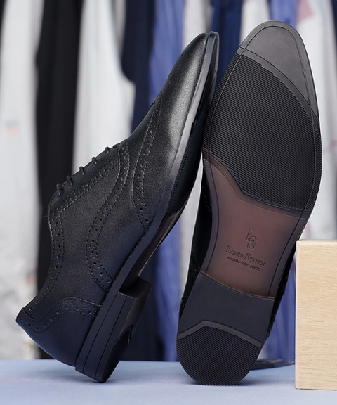 LOUIS STITCH Black Wingtip Style Brogue Formal Shoes for Men UK