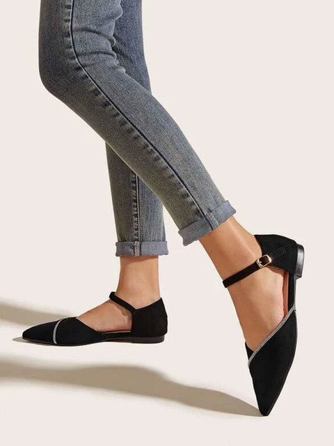 SHOETOPIA Rhinestone Decor Pointed Toe Ankle Strap Black Ballet