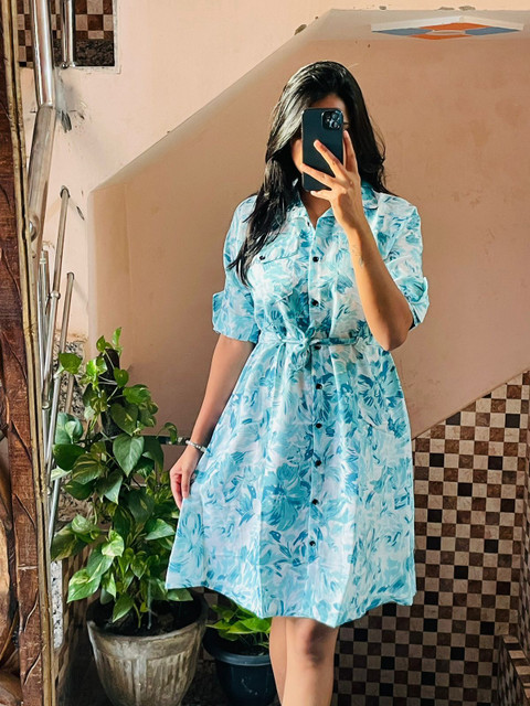 USK COLLECTIONS Women Fit and Flare Blue, White Midi/Calf Length Dress