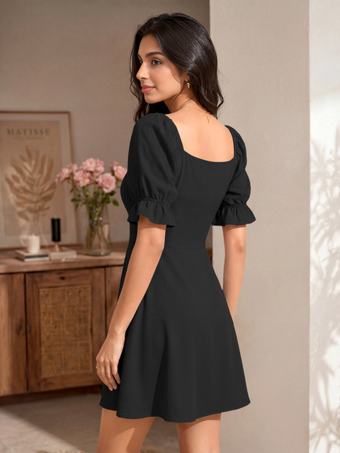Kashonaa Women Fit and Flare Black Above Knee/Mid Thigh Length Dress