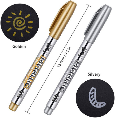 Jubilant Gold and Silver Metallic Marker Pens, Waterproof Permanent Paint  Marker Pen For Painting Cards Writing Signature Craftwork Art (Set of 2)