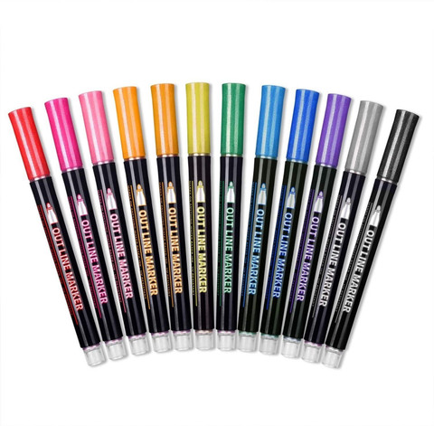 DEZIINE 12 Colors Metallic Marker DoubleLine Outline Marker DIY Paint  Marker Pen,2mm Tip