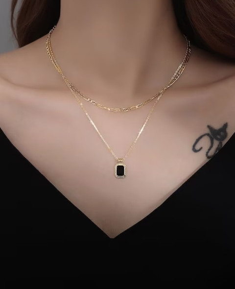 RV YUWON Gold Plated Double layered Pendant Necklace Cubic