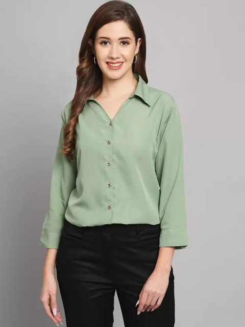 Aarvia Women Solid Casual Light Green Shirt