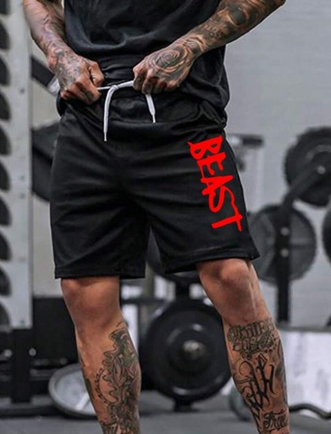 LOTHRIC Self Design Men Black Gym Shorts, Sports Shorts