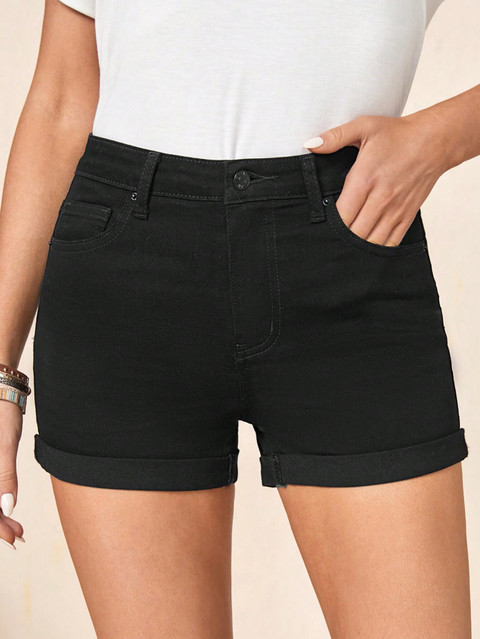 Aahwan Solid Women Denim Black Denim Shorts