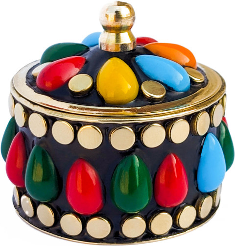 Koil Multicolor Droplets Sindoor Dibbi: Multicolor Shiny Brass Kumkum Box  Decorative Showpiece cm