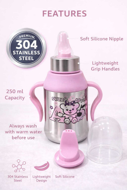 PBOXSTEEL Stainless Steel Baby Feeding Bottle with Handles | 3-in