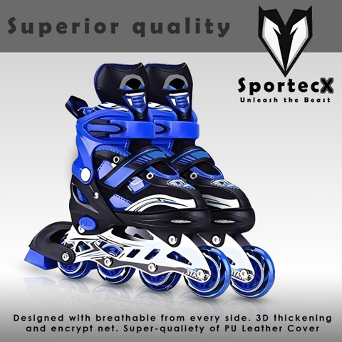 Sportecx Professional Skating shoes, Adjustable size, Stylish,Durable PU  LED Wheel Roller In-line Skates Size 6-9 UK