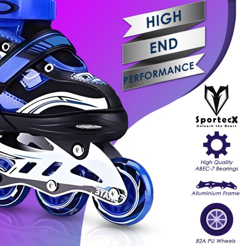 Sportecx Professional Skating shoes, Adjustable size, Stylish,Durable PU  LED Wheel Roller In-line Skates Size 6-9 UK