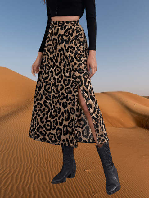 Maheshvi Animal Print Women Flared Black Skirt