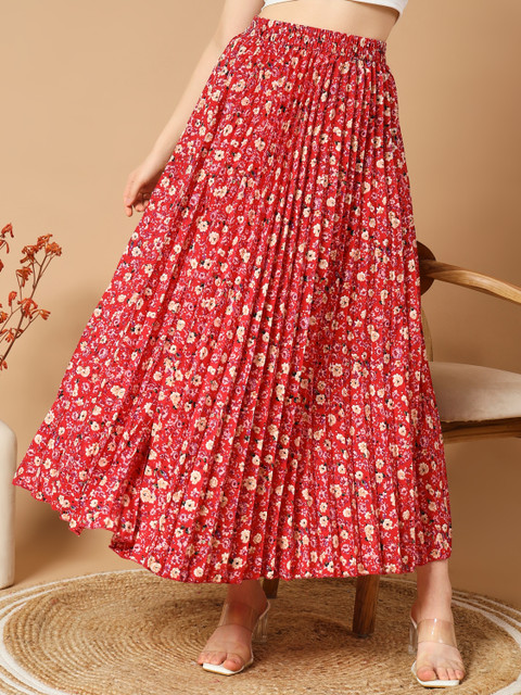 OTABU Floral Print Women Pleated Red Skirt