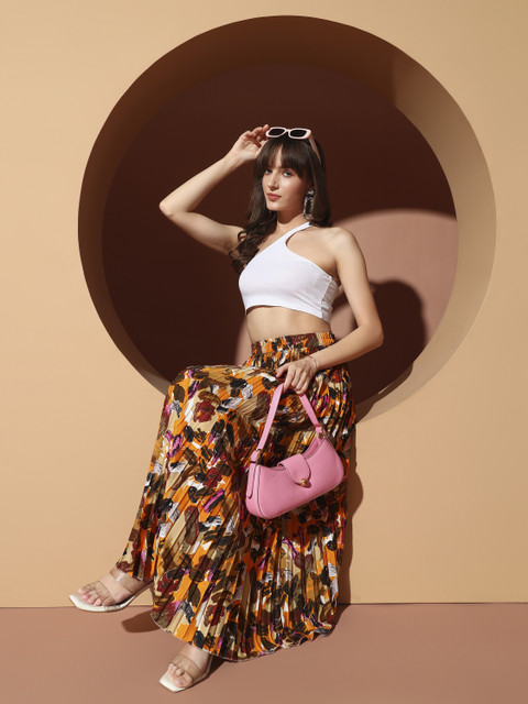 ZWERLON Printed Women Pleated Brown Skirt