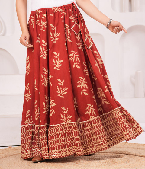 HouseOfCommon Printed Women Flared Maroon Skirt - Buy