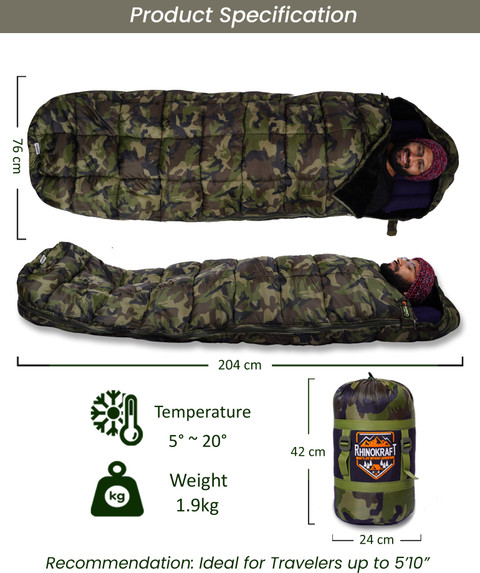 RHINOKraft Jungle Print Hiking and Camping Waterproof Inner Warm Sleeping  Bag