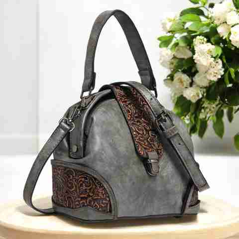 Exotic Premium Grey Hand-held Bag Vintage Retro Embossed Floral